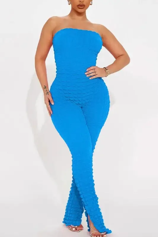 Popcorn Pattern Slit Ankle Jumpsuit